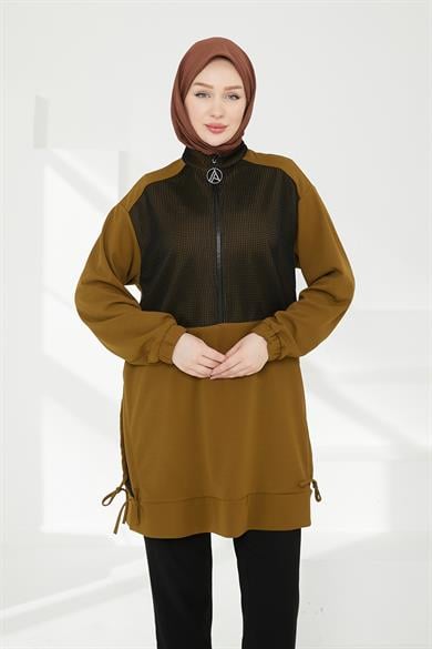 Yarım Fermuarlı File Detaylı Tunik-Yağ Yeşili 24KT434