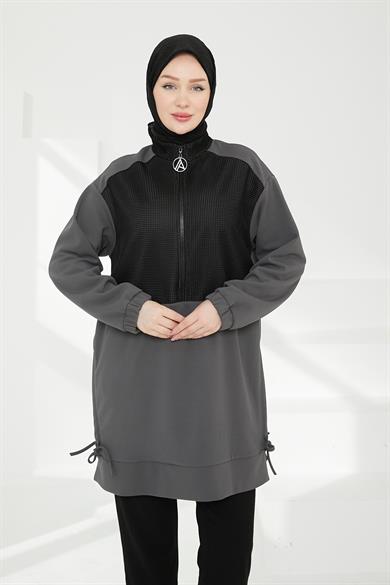 Yarım Fermuarlı File Detaylı Tunik-Gri 24KT434