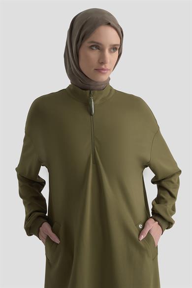 Yarım Fermuarlı Kolları Ribanalı Cepli Örme Tunik Yağ Yeşili 25KT461