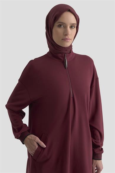 Yarım Fermuarlı Kolları Ribanalı Cepli Örme Tunik Bordo 25KT461