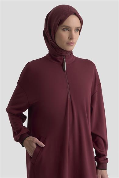 Yarım Fermuarlı Kolları Ribanalı Cepli Örme Tunik Bordo 25KT461