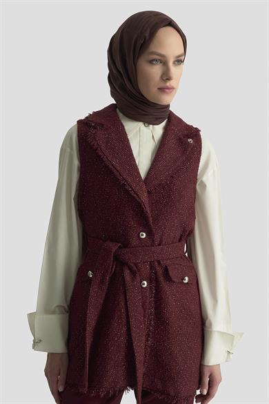 Yeleği Tüvit Simli Kemerli Pantolonlu İkili Takım Bordo 25KT638