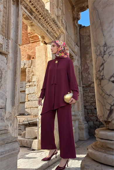 Asimetrik Kesim Bağlama Detaylı Tunik Geniş Paça Pantolon İkili Takım Bordo 26KA610