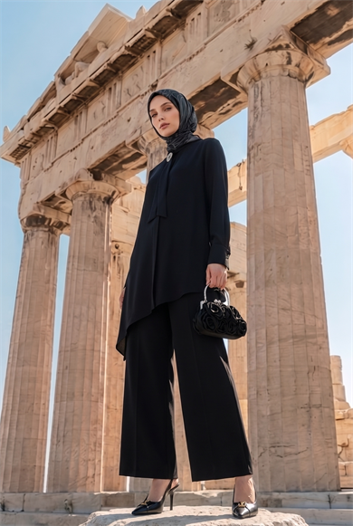 Asimetrik Kesim Bağlama Detaylı Tunik Geniş Paça Pantolon İkili Takım Siyah 26KA610