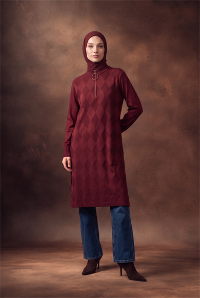 Baklava Desenli Fermuar Yaka Uzun Triko Tunik Bordo 25KTD4112