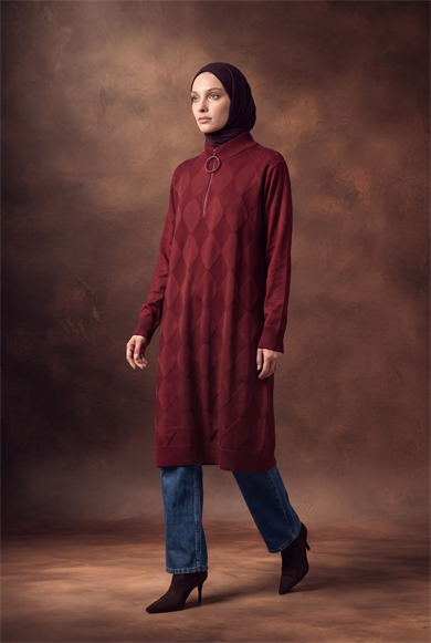 Baklava Desenli Fermuar Yaka Uzun Triko Tunik Bordo 25KTD4112