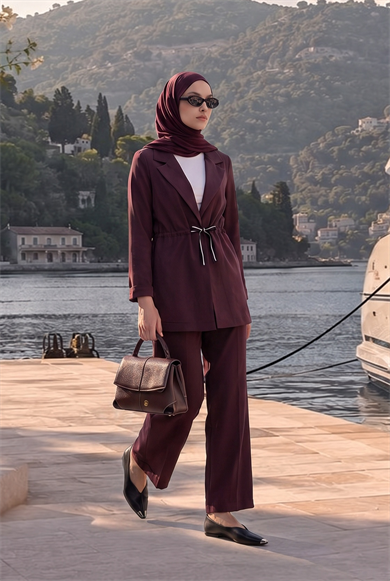 Belden Bağlamalı Ceket Bol Paça Pantolonlu İkili Takım Mürdüm 26YA630