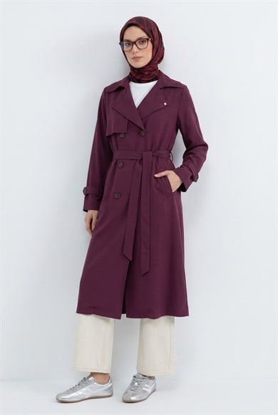 Belden Kuşaklı Aller Detaylı Tencel Kumaş Trençkot Bordo 26YTD714