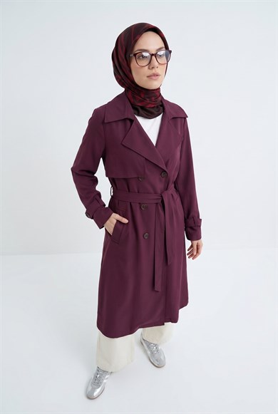 Belden Kuşaklı Aller Detaylı Tencel Kumaş Trençkot Bordo 26YTD714