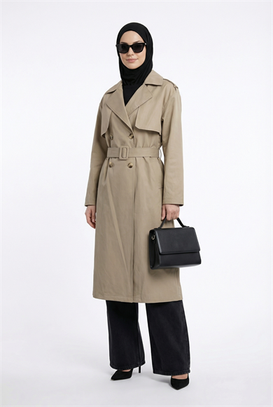 Belden Kuşaklı Allerli Trençkot Bej 26YT706