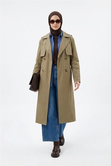 Belden Kuşaklı Allerli Trençkot Haki 26YT706
