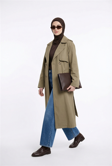 Belden Kuşaklı Allerli Trençkot Haki 26YT706