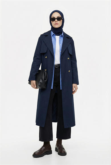 Belden Kuşaklı Allerli Trençkot Lacivert 26YT706