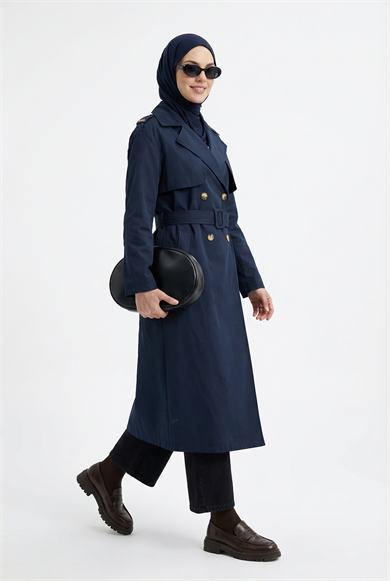 Belden Kuşaklı Allerli Trençkot Lacivert 26YT706