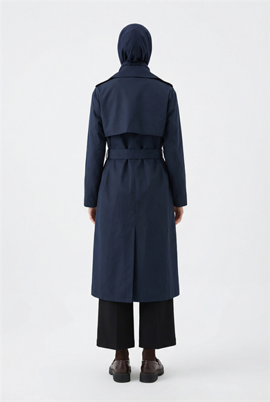 Belden Kuşaklı Allerli Trençkot Lacivert 26YT706