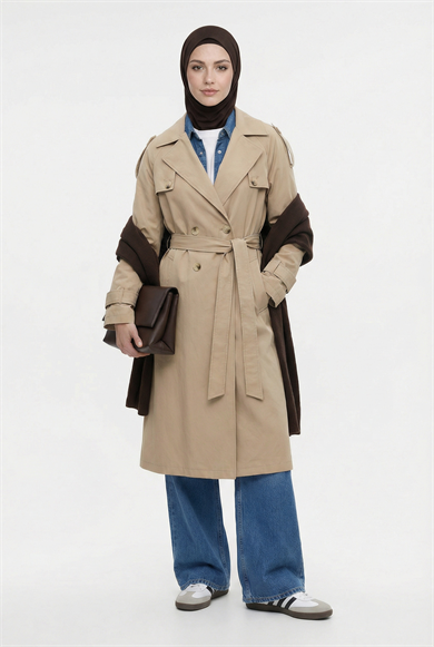 Belden Kuşaklı Arkası Allerli Cepli Trençkot Bej 26YT707