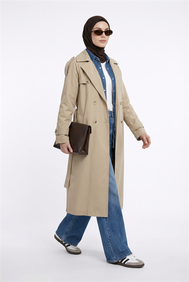 Belden Kuşaklı Arkası Allerli Cepli Trençkot Bej 26YT707