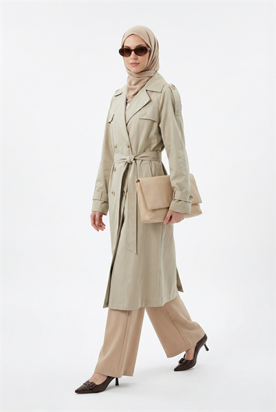 Belden Kuşaklı Arkası Allerli Cepli Trençkot Küf Yeşili 26YT707