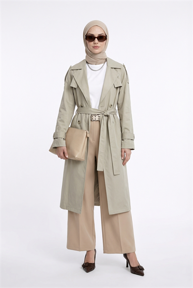 Belden Kuşaklı Arkası Allerli Cepli Trençkot Küf Yeşili 26YT707