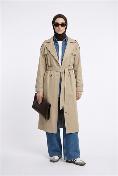 Belden Kuşaklı Arkası Allerli Cepli Trençkot Bej 26YT707