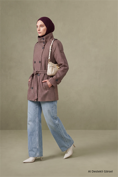 Belden Kuşaklı Düğme Detaylı Omuz Apoletli Oversize Kaban  74 Cm Boy Bordo 26OKD701