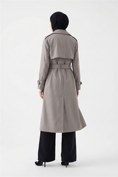 Belden Kuşaklı Gold Düğmeli Allerli Trençkot Vizon 26YT708