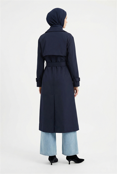 Belden Kuşaklı Gold Düğmeli Allerli Trençkot Lacivert 26YT708