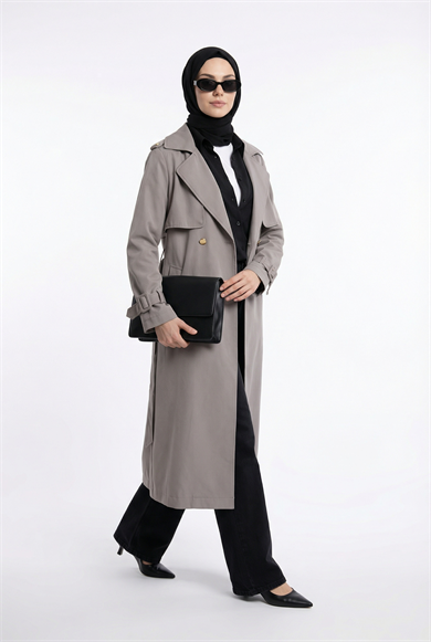 Belden Kuşaklı Gold Düğmeli Allerli Trençkot Vizon 26YT708