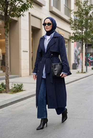 Belden Kuşaklı Gold Düğmeli Allerli Trençkot Lacivert 26YT708