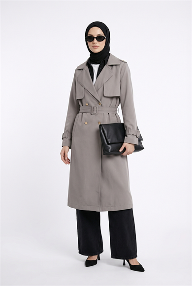 Belden Kuşaklı Gold Düğmeli Allerli Trençkot Vizon 26YT708