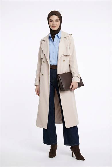 Belden Kuşaklı Gold Düğmeli Allerli Trençkot Bej 26YT708