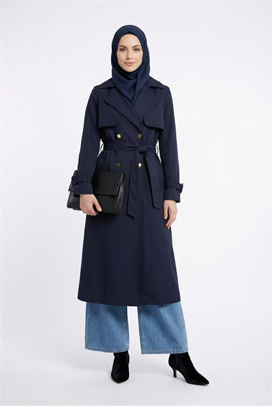 Belden Kuşaklı Gold Düğmeli Allerli Trençkot Lacivert 26YT708