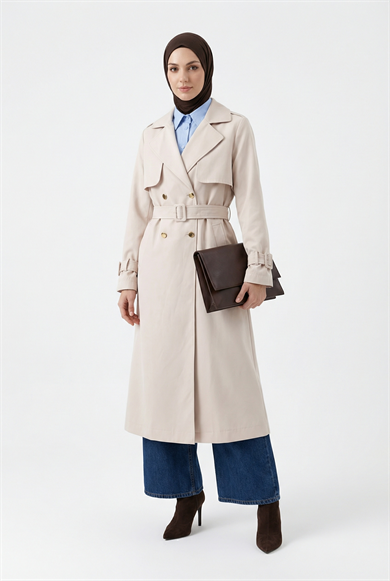 Belden Kuşaklı Gold Düğmeli Allerli Trençkot Bej 26YT708