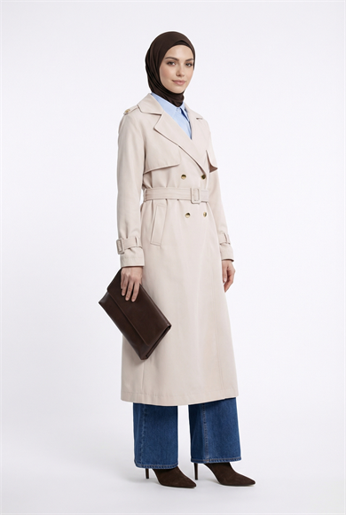Belden Kuşaklı Gold Düğmeli Allerli Trençkot Bej 26YT708