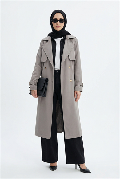 Belden Kuşaklı Gold Düğmeli Allerli Trençkot Vizon 26YT708