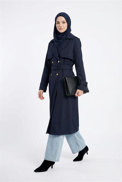 Belden Kuşaklı Gold Düğmeli Allerli Trençkot Lacivert 26YT708