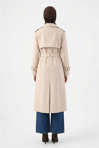 Belden Kuşaklı Gold Düğmeli Allerli Trençkot Bej 26YT708