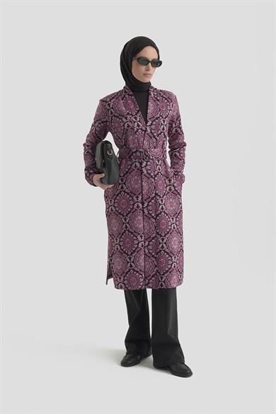 Belden Kuşaklı Kolları Lastikli Fitilli Tunikli İkili Takım Mor 25KT6115