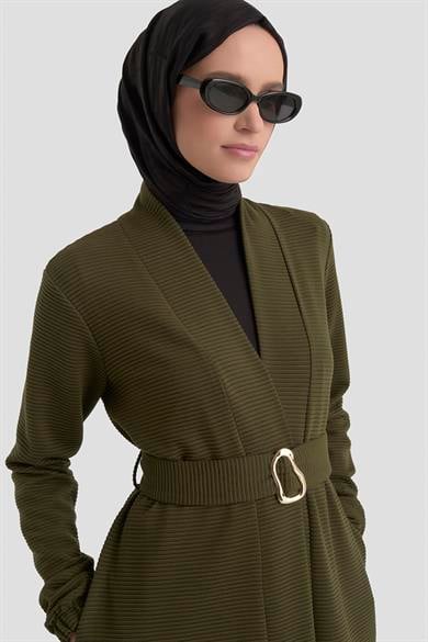 Belden Kuşaklı Kolları Lastikli Fitilli Tunikli İkili Takım Haki 25KT6115