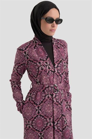 Belden Kuşaklı Kolları Lastikli Fitilli Tunikli İkili Takım Mor 25KT6115