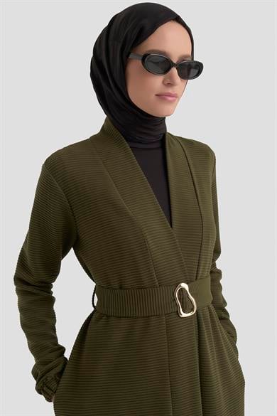 Belden Kuşaklı Kolları Lastikli Fitilli Tunikli İkili Takım Haki 25KT6115