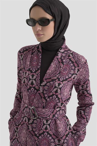 Belden Kuşaklı Kolları Lastikli Fitilli Tunikli İkili Takım Mor 25KT6115