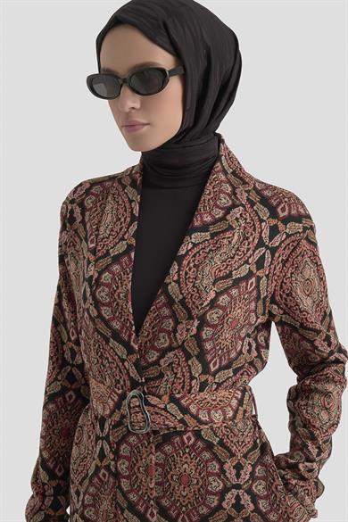 Belden Kuşaklı Kolları Lastikli Fitilli Tunikli İkili Takım Bordo 25KT6115