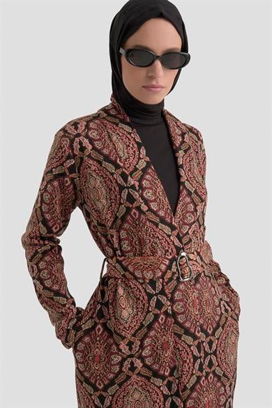 Belden Kuşaklı Kolları Lastikli Fitilli Tunikli İkili Takım Bordo 25KT6115