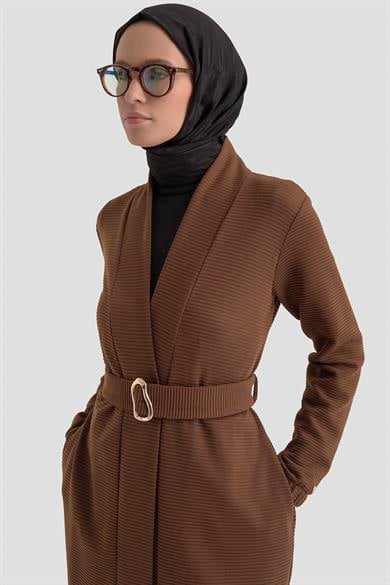 Belden Kuşaklı Kolları Lastikli Fitilli Tunikli İkili Takım Kahverengi 25KT6115