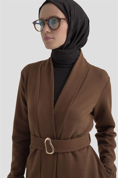 Belden Kuşaklı Kolları Lastikli Fitilli Tunikli İkili Takım Kahverengi 25KT6115