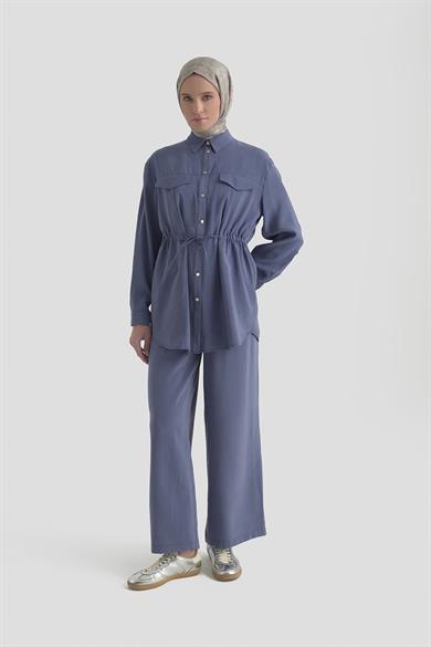 Beli Büzgü Detaylı Pantolonlu İkili Takım İndigo 26YT619