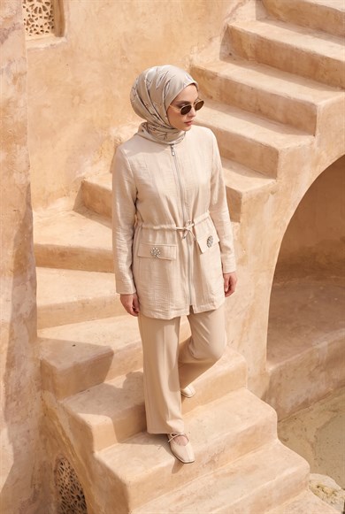 Beli Büzgülü Süs Cep Detaylı Tunik Bej 26YT424