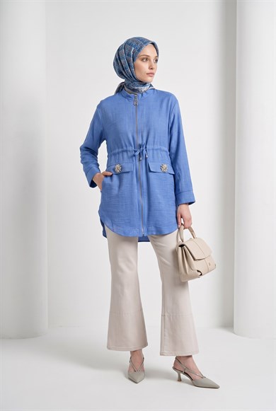 Beli Büzgülü Süs Cep Detaylı Tunik İndigo 26YT424