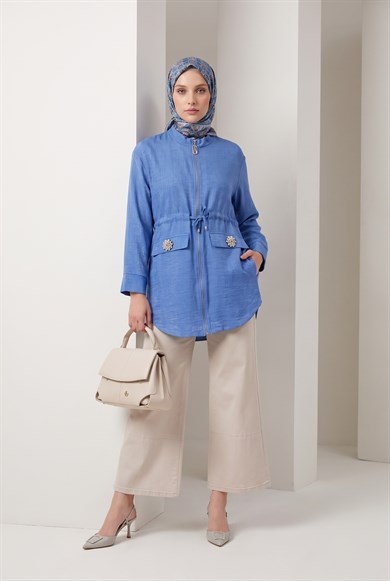 Beli Büzgülü Süs Cep Detaylı Tunik İndigo 26YT424